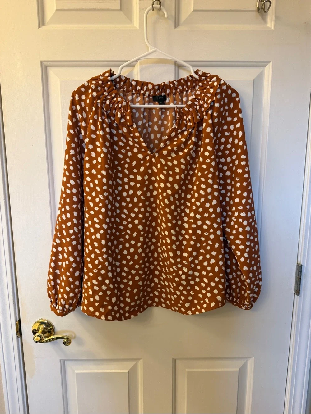 J. Crew Rust and White Polka Dot Peasant Blouse